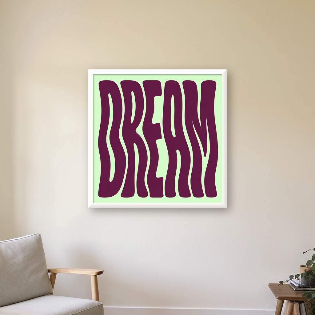 Retro Psychedelic DREAM Yazılı Modern Poster, Büyük Boy — beyaz çerçeveli kare poster