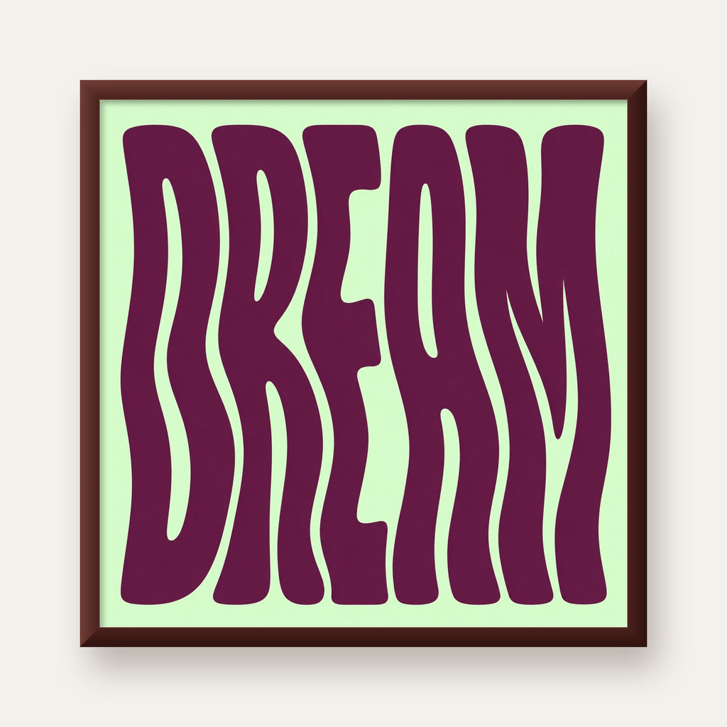 Retro Psychedelic DREAM Yazılı Modern Poster, Büyük Boy — ceviz çerçeveli