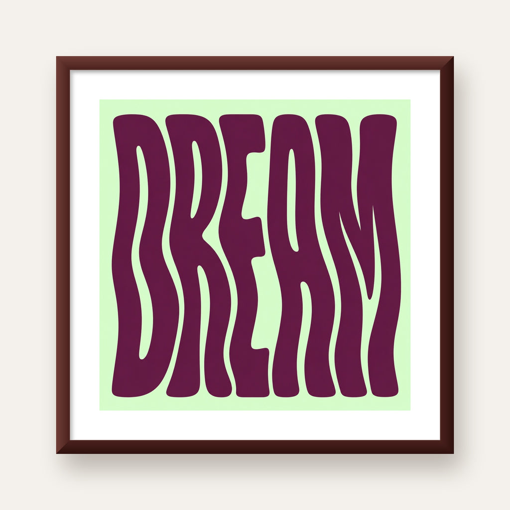 Retro Psychedelic DREAM Yazılı Modern Poster, Büyük Boy — ceviz çerçeveli paspartulu