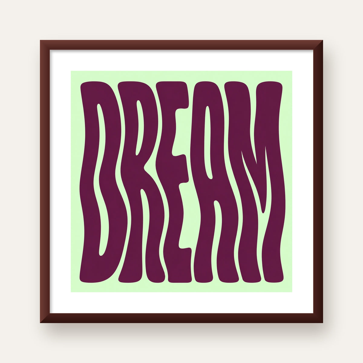 Retro Psychedelic DREAM Yazılı Modern Poster, Büyük Boy — ceviz çerçeveli paspartulu