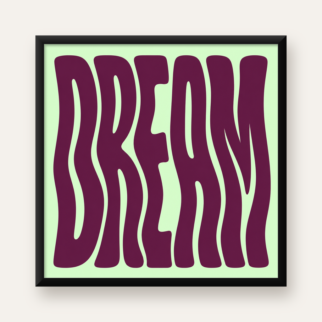 Retro Psychedelic DREAM Yazılı Modern Poster, Büyük Boy — Kare baskı, düz siyah çerçeveli duvar posteri