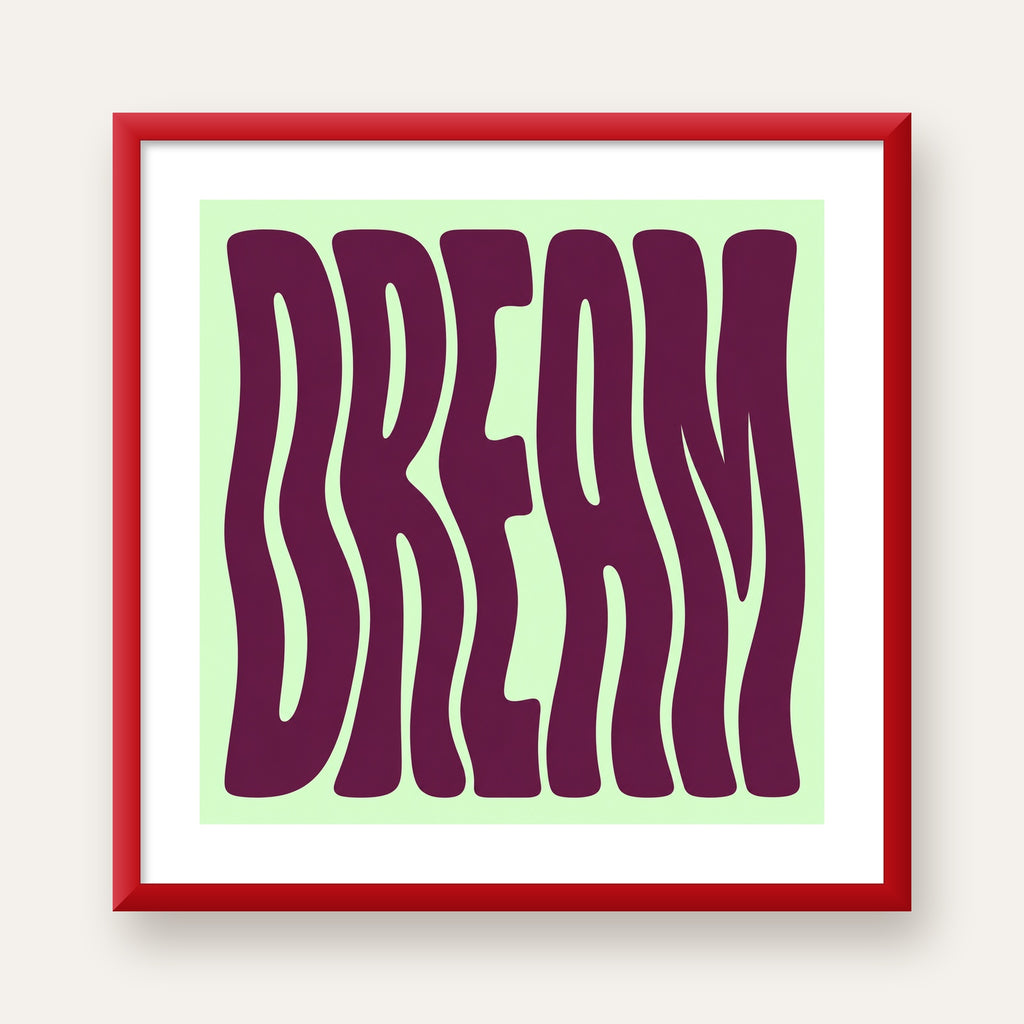 Retro Psychedelic DREAM Yazılı Modern Poster, Büyük Boy — kırmızı çerçeveli paspartulu