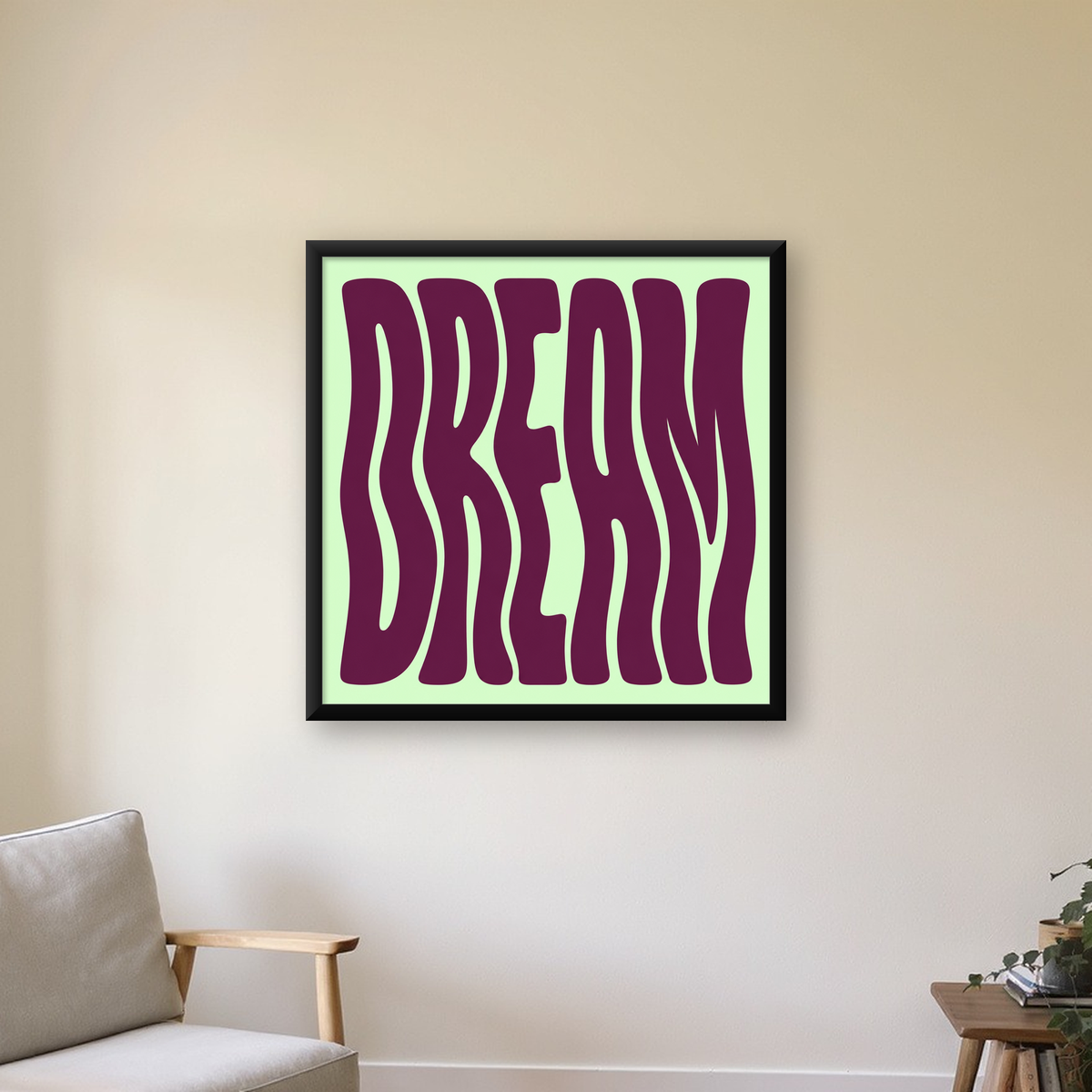 Retro Psychedelic DREAM Yazılı Modern Poster, Büyük Boy — Kare baskı, çerçeveli hâliyle bir ev duvarında