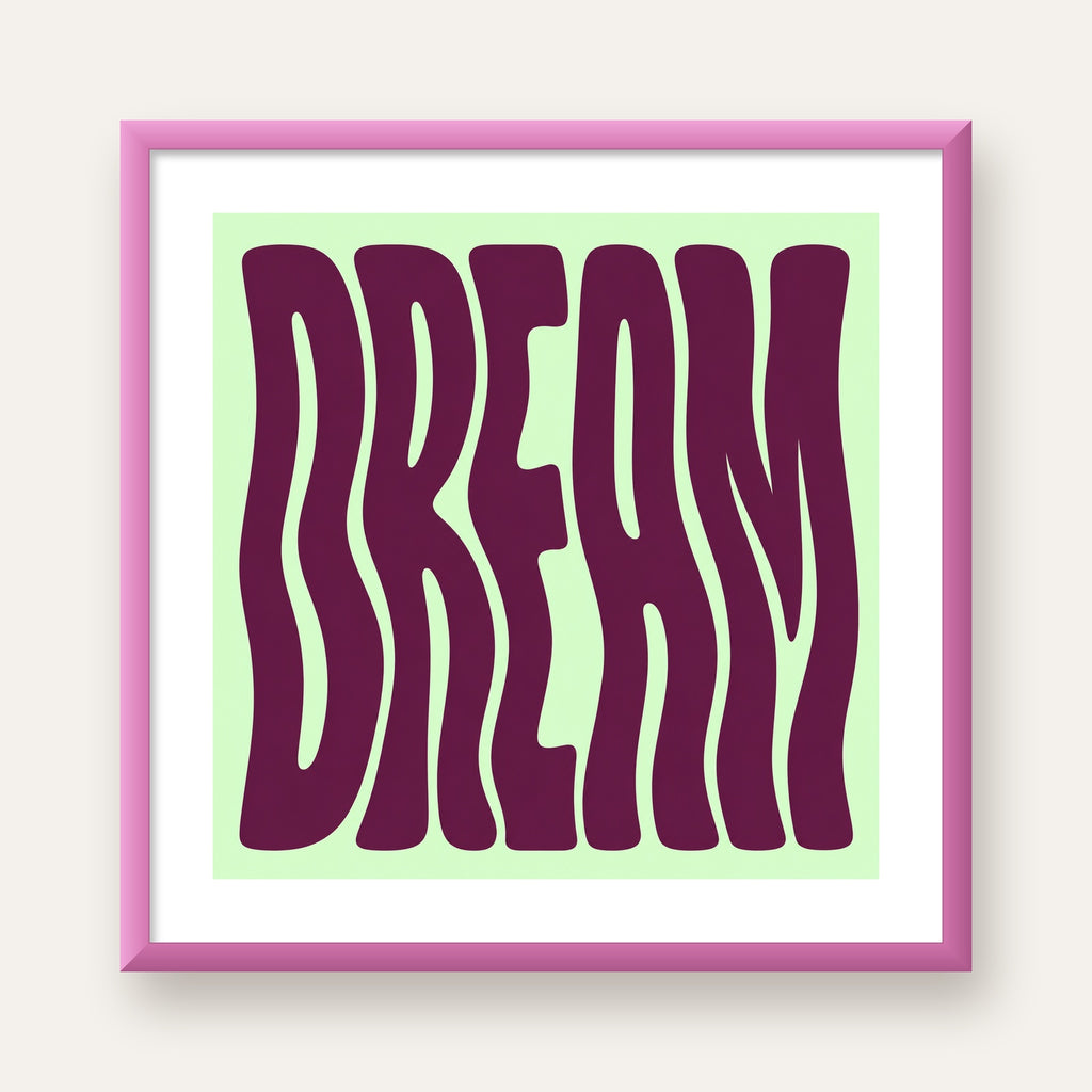 Retro Psychedelic DREAM Yazılı Modern Poster, Büyük Boy — pembe çerçeveli paspartulu