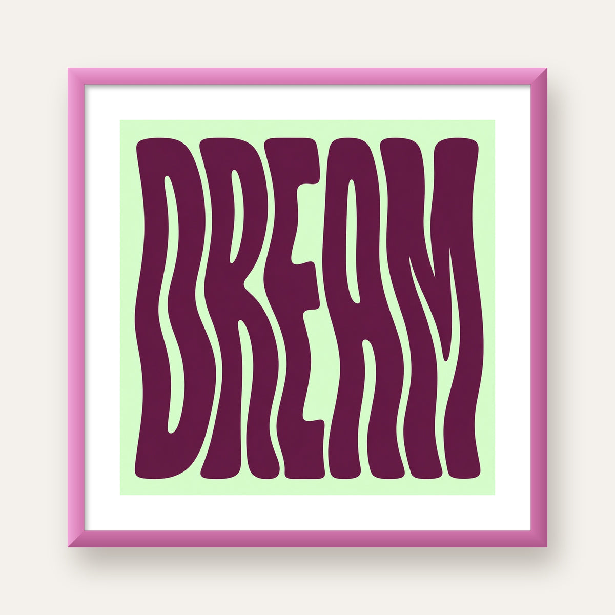 Retro Psychedelic DREAM Yazılı Modern Poster, Büyük Boy — pembe çerçeveli paspartulu