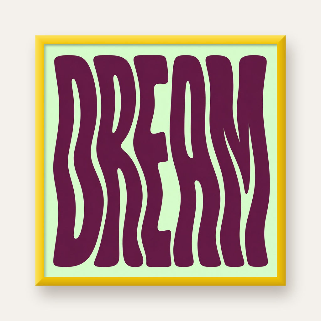 Retro Psychedelic DREAM Yazılı Modern Poster, Büyük Boy — sarı çerçeveli