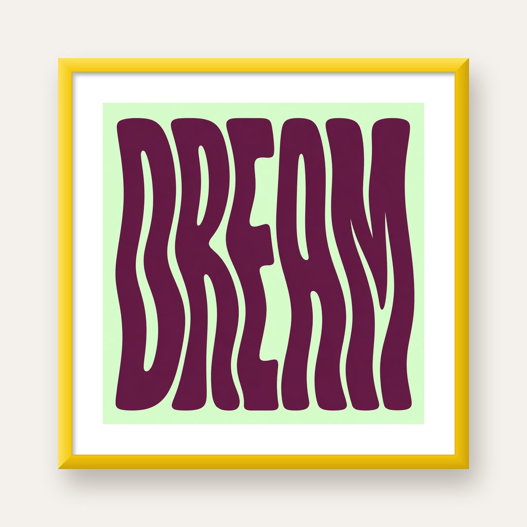 Retro Psychedelic DREAM Yazılı Modern Poster, Büyük Boy — sarı çerçeveli paspartulu