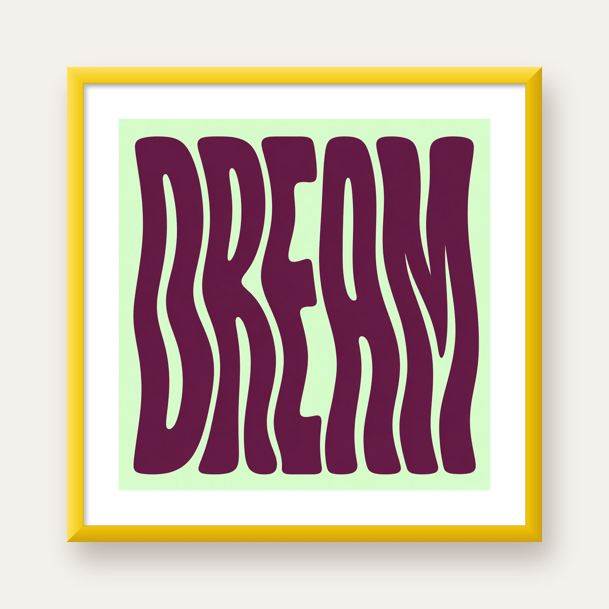 Retro Psychedelic DREAM Yazılı Modern Poster, Büyük Boy — sarı çerçeveli paspartulu