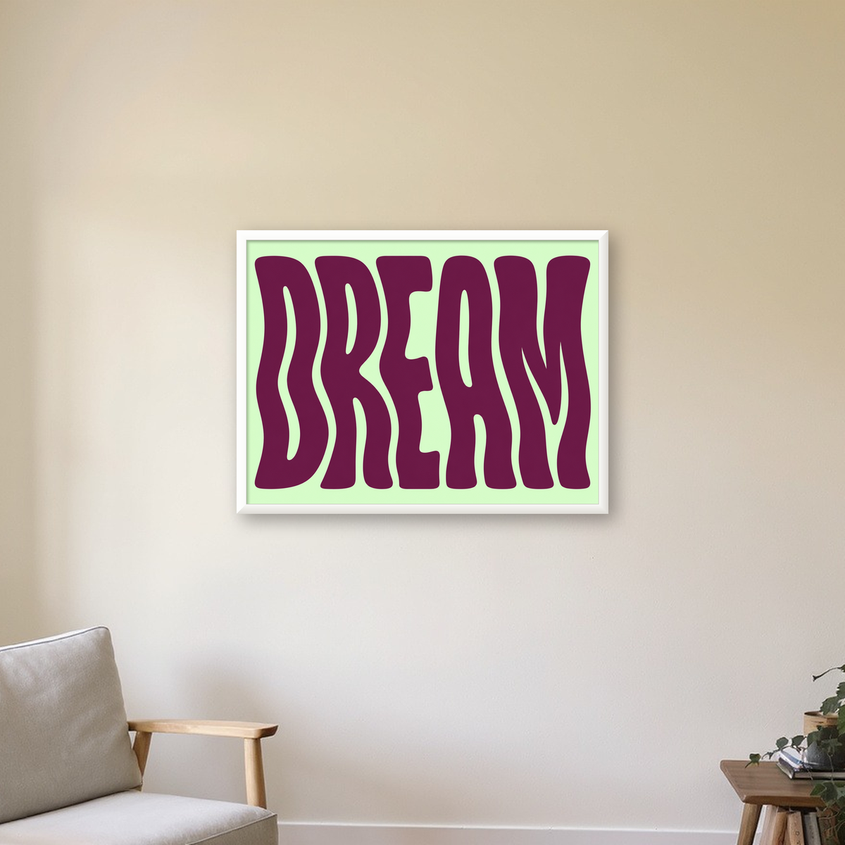 Retro Psychedelic DREAM Yazılı Modern Poster, Büyük Boy — beyaz çerçeveli yatay poster