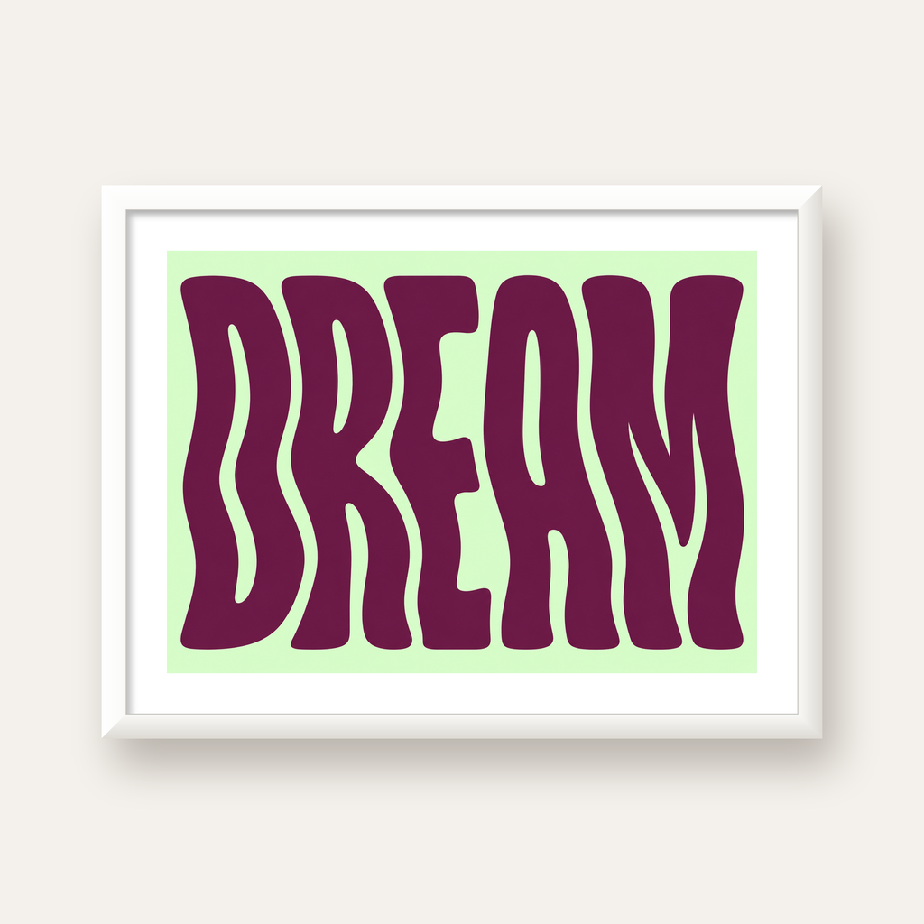 Retro Psychedelic DREAM Yazılı Modern Poster, Büyük Boy — beyaz çerçeveli yatay poster
