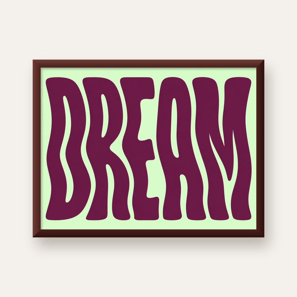 Retro Psychedelic DREAM Yazılı Modern Poster, Büyük Boy — ceviz çerçeveli