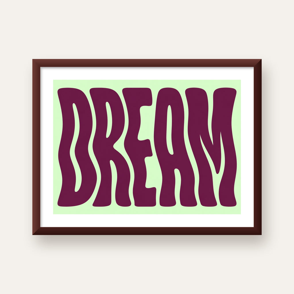 Retro Psychedelic DREAM Yazılı Modern Poster, Büyük Boy — ceviz çerçeveli paspartulu