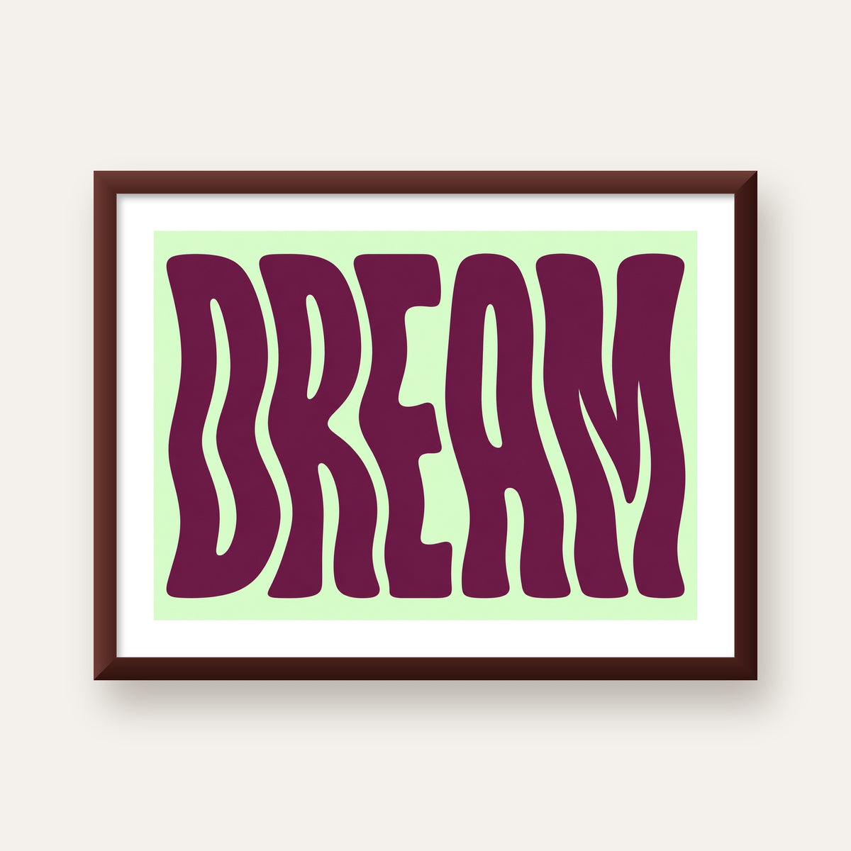 Retro Psychedelic DREAM Yazılı Modern Poster, Büyük Boy — ceviz çerçeveli paspartulu