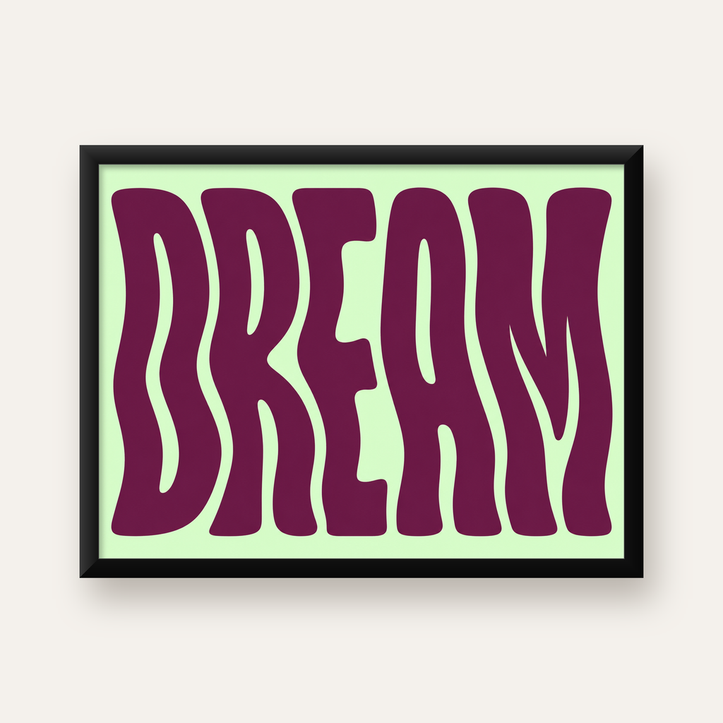 Retro Psychedelic DREAM Yazılı Modern Poster, Büyük Boy — Yatay baskı, düz siyah çerçeveli duvar posteri