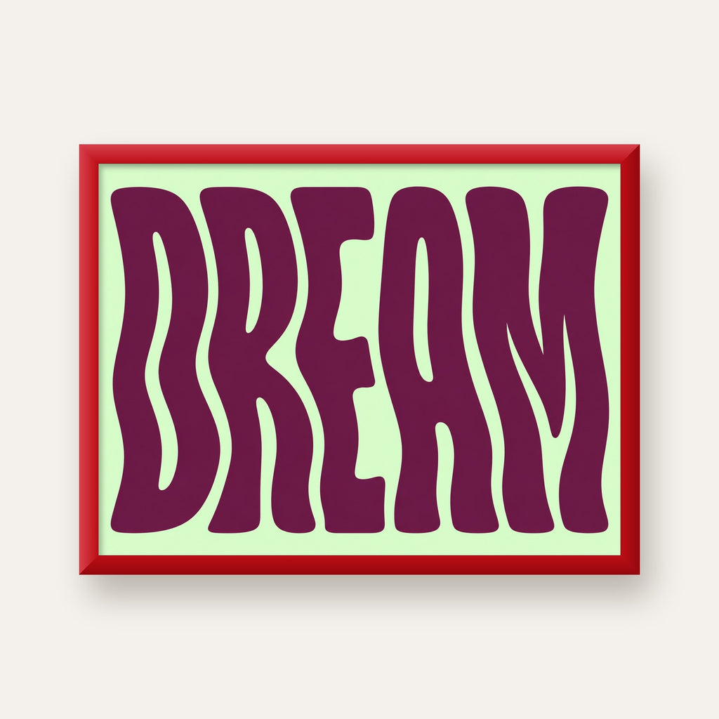 Retro Psychedelic DREAM Yazılı Modern Poster, Büyük Boy — kırmızı çerçeveli