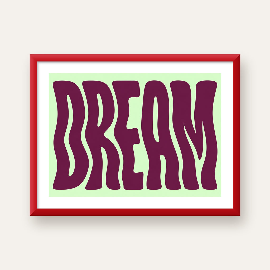 Retro Psychedelic DREAM Yazılı Modern Poster, Büyük Boy — kırmızı çerçeveli paspartulu