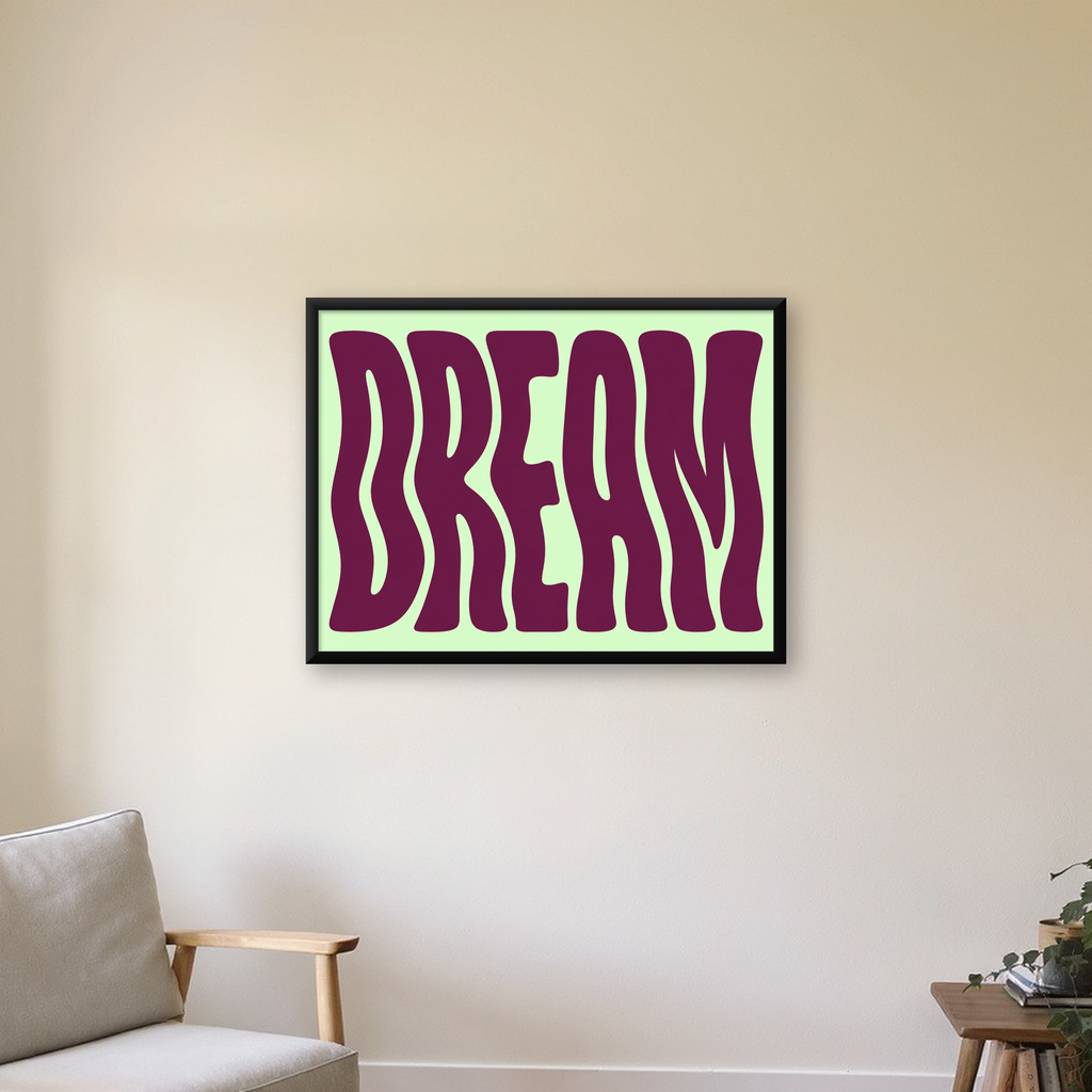 Retro Psychedelic DREAM Yazılı Modern Poster, Büyük Boy — Yatay baskı, çerçeveli hâliyle bir ev duvarında