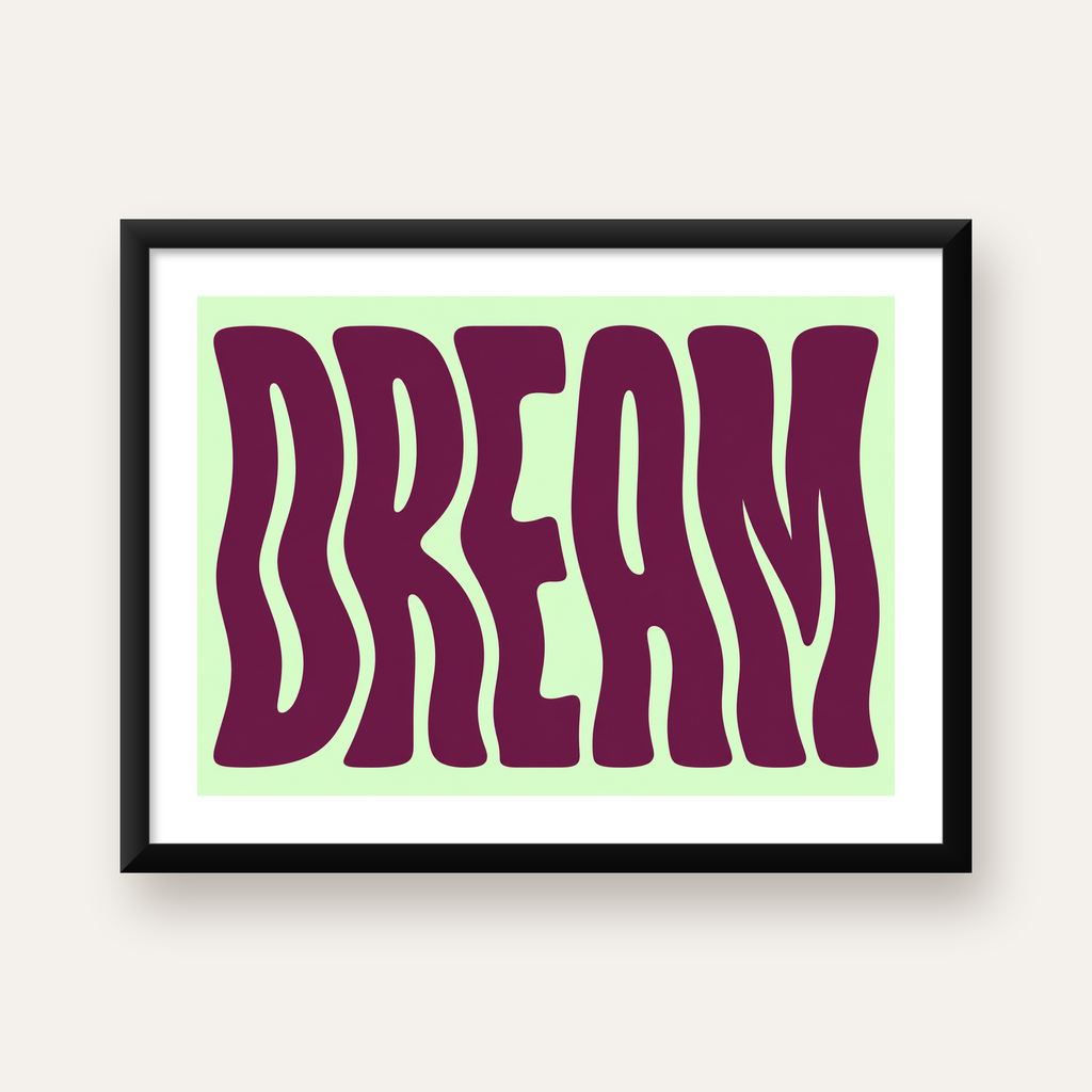 Retro Psychedelic DREAM Yazılı Modern Poster, Büyük Boy — Yatay baskı, beyaz paspartulu