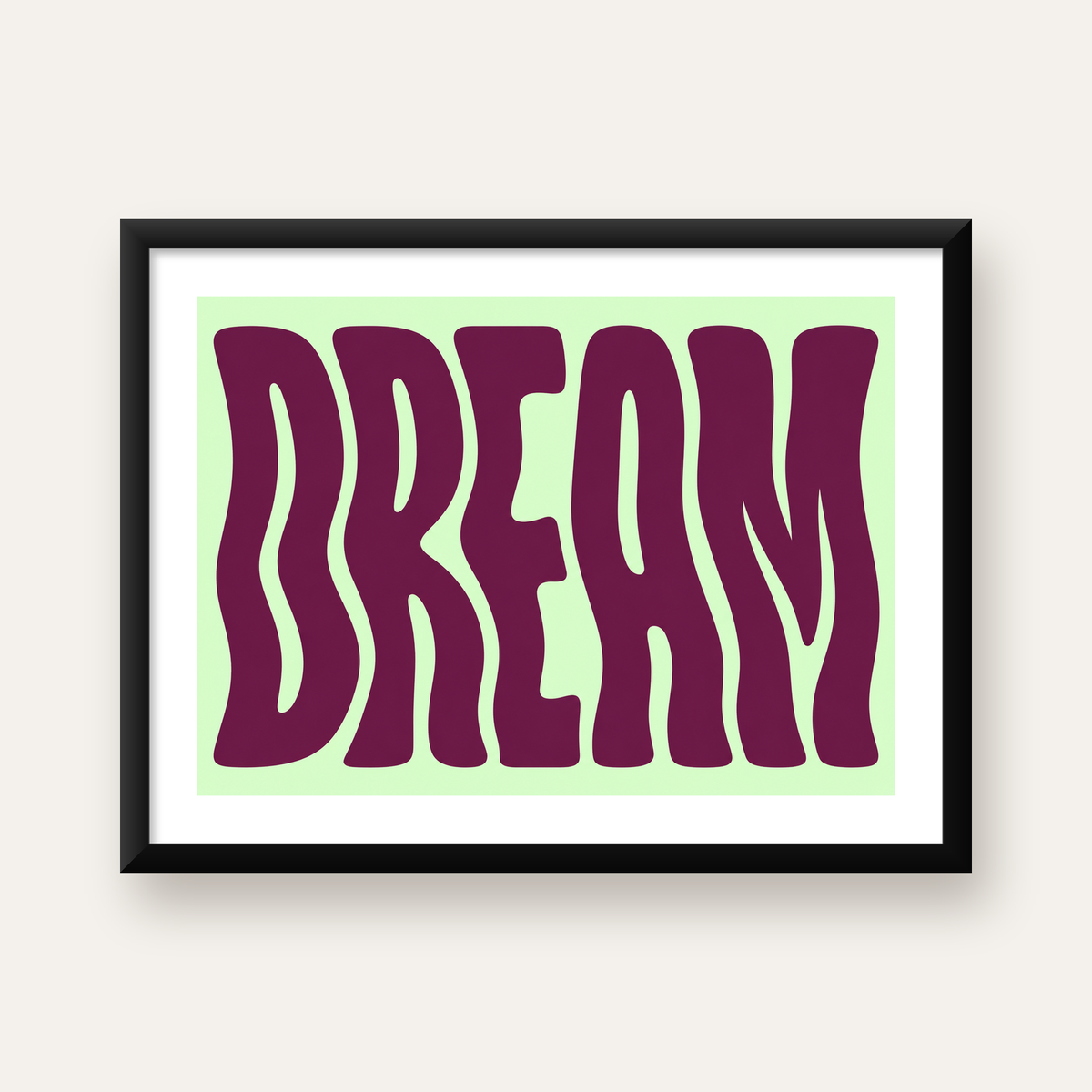 Retro Psychedelic DREAM Yazılı Modern Poster, Büyük Boy — Yatay baskı, beyaz paspartulu