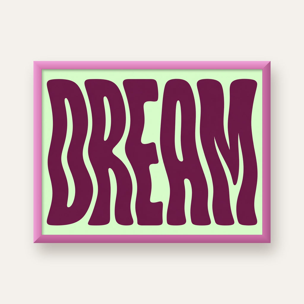 Retro Psychedelic DREAM Yazılı Modern Poster, Büyük Boy — pembe çerçeveli