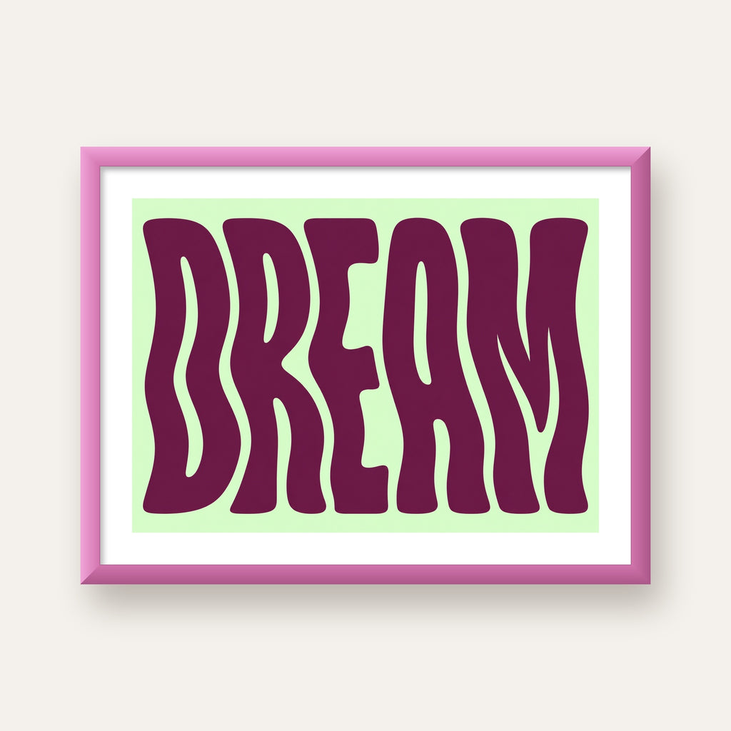 Retro Psychedelic DREAM Yazılı Modern Poster, Büyük Boy — pembe çerçeveli paspartulu