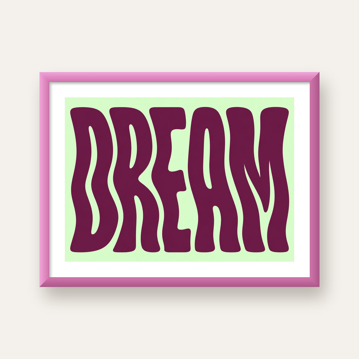 Retro Psychedelic DREAM Yazılı Modern Poster, Büyük Boy — pembe çerçeveli paspartulu