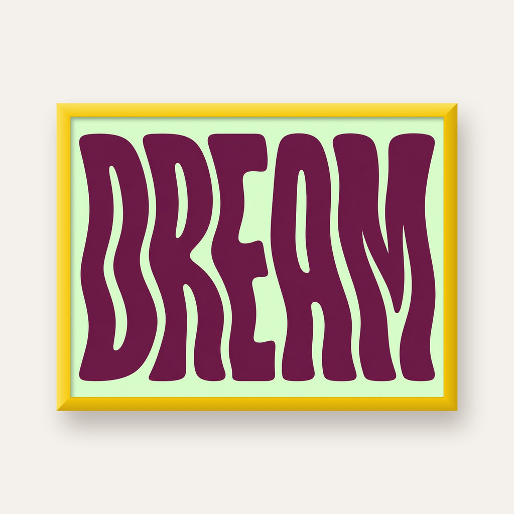 Retro Psychedelic DREAM Yazılı Modern Poster, Büyük Boy — sarı çerçeveli