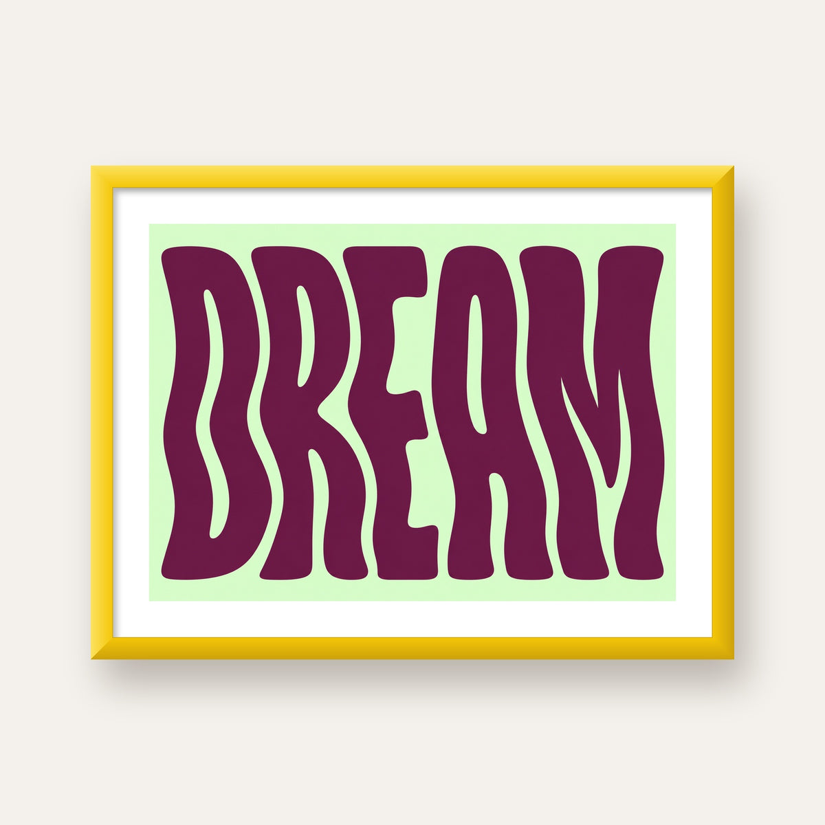 Retro Psychedelic DREAM Yazılı Modern Poster, Büyük Boy — sarı çerçeveli paspartulu