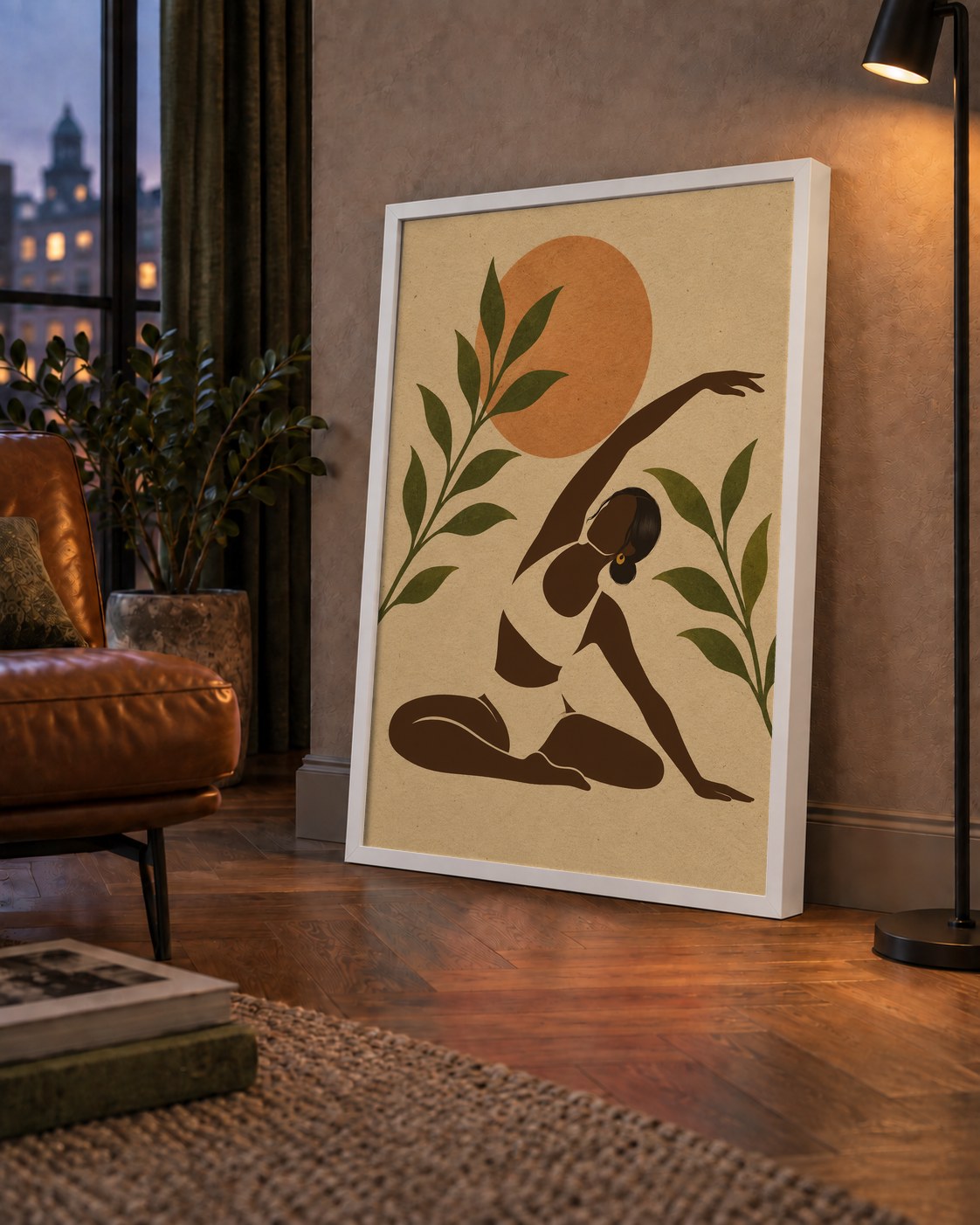 Toprak Akışı Yoga Pozu Poster — çerçeveli hâliyle bir ev duvarında