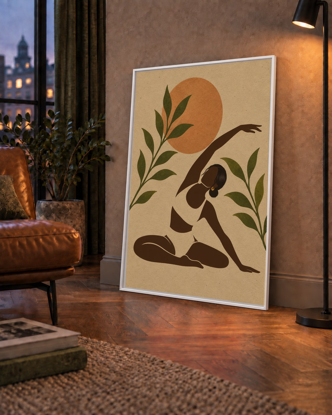 Toprak Akışı Yoga Pozu Poster — çerçeveli hâliyle bir ev duvarında