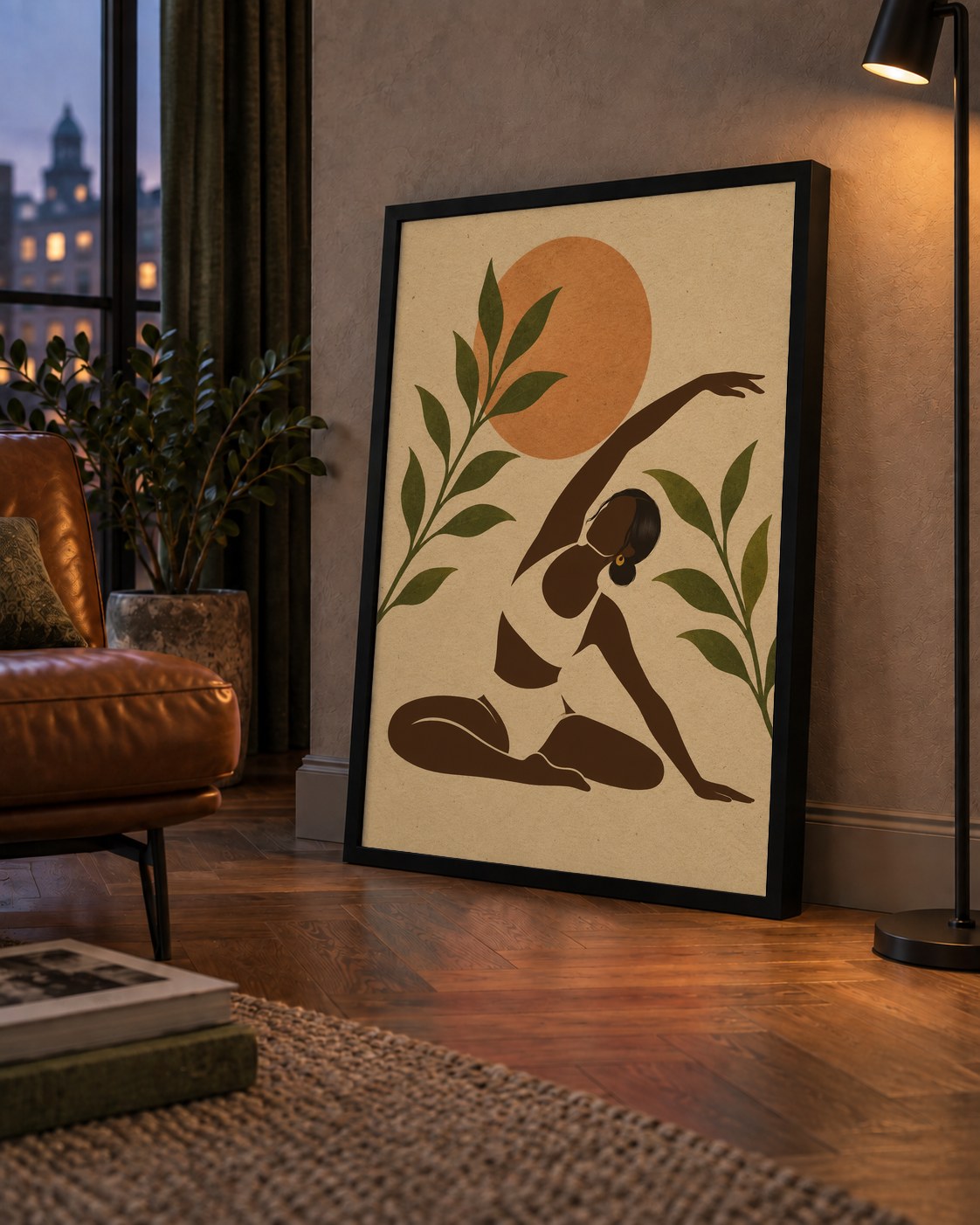 Toprak Akışı Yoga Pozu Poster — çerçeveli hâliyle bir ev duvarında