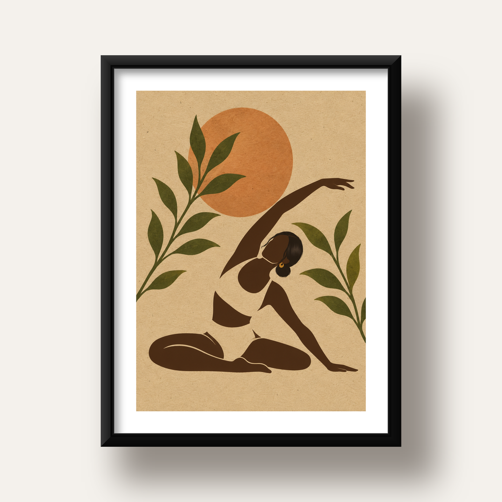 Toprak Akışı Yoga Pozu Poster — siyah derin çerçeveli paspartulu