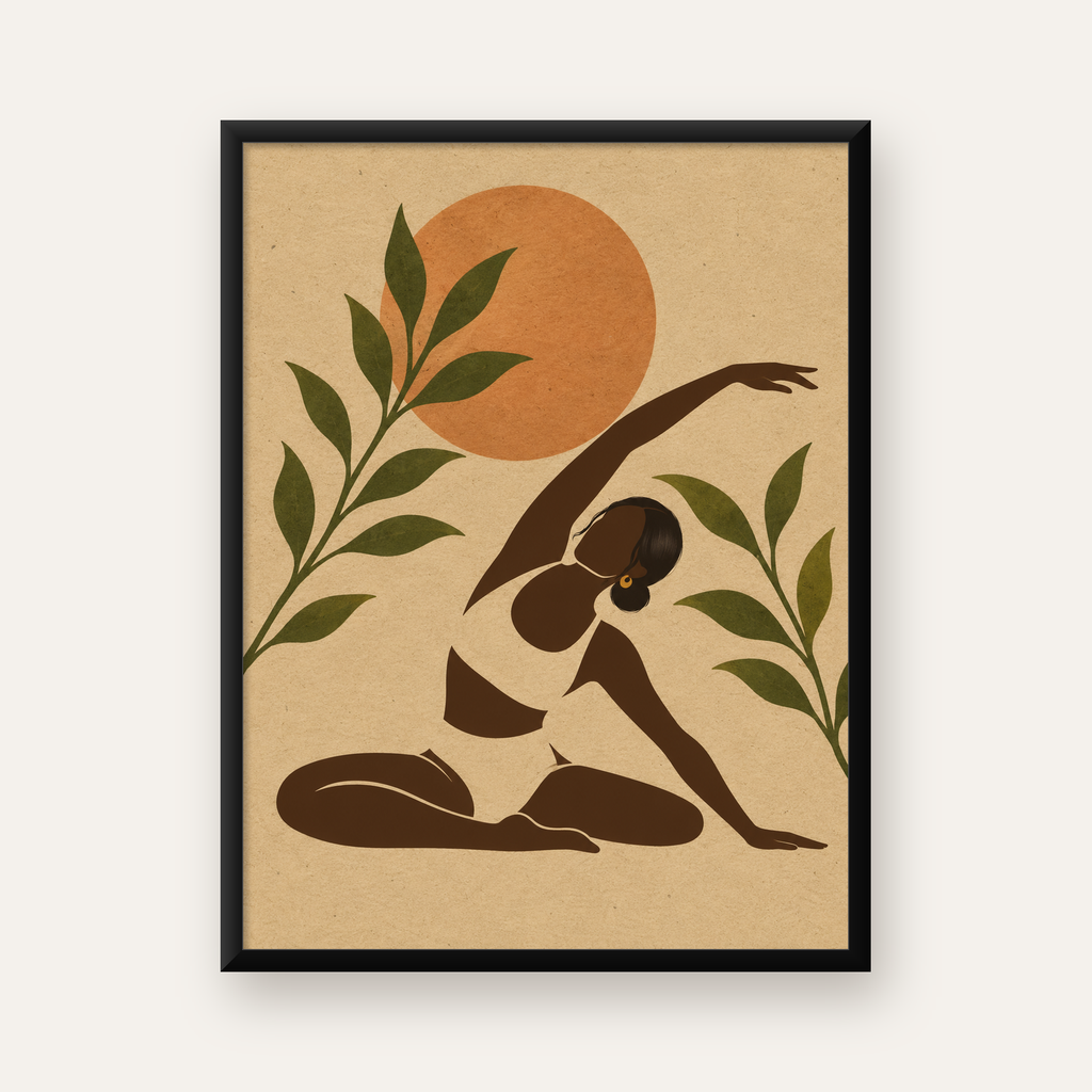 Yoga Yapan Kadın ve Doğa Minimalist Poster, Modern Dekor — Dikey baskı, düz siyah çerçeveli duvar posteri