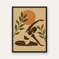 Yoga Yapan Kadın ve Doğa Minimalist Poster, Modern Dekor — Dikey baskı, düz siyah çerçeveli duvar posteri