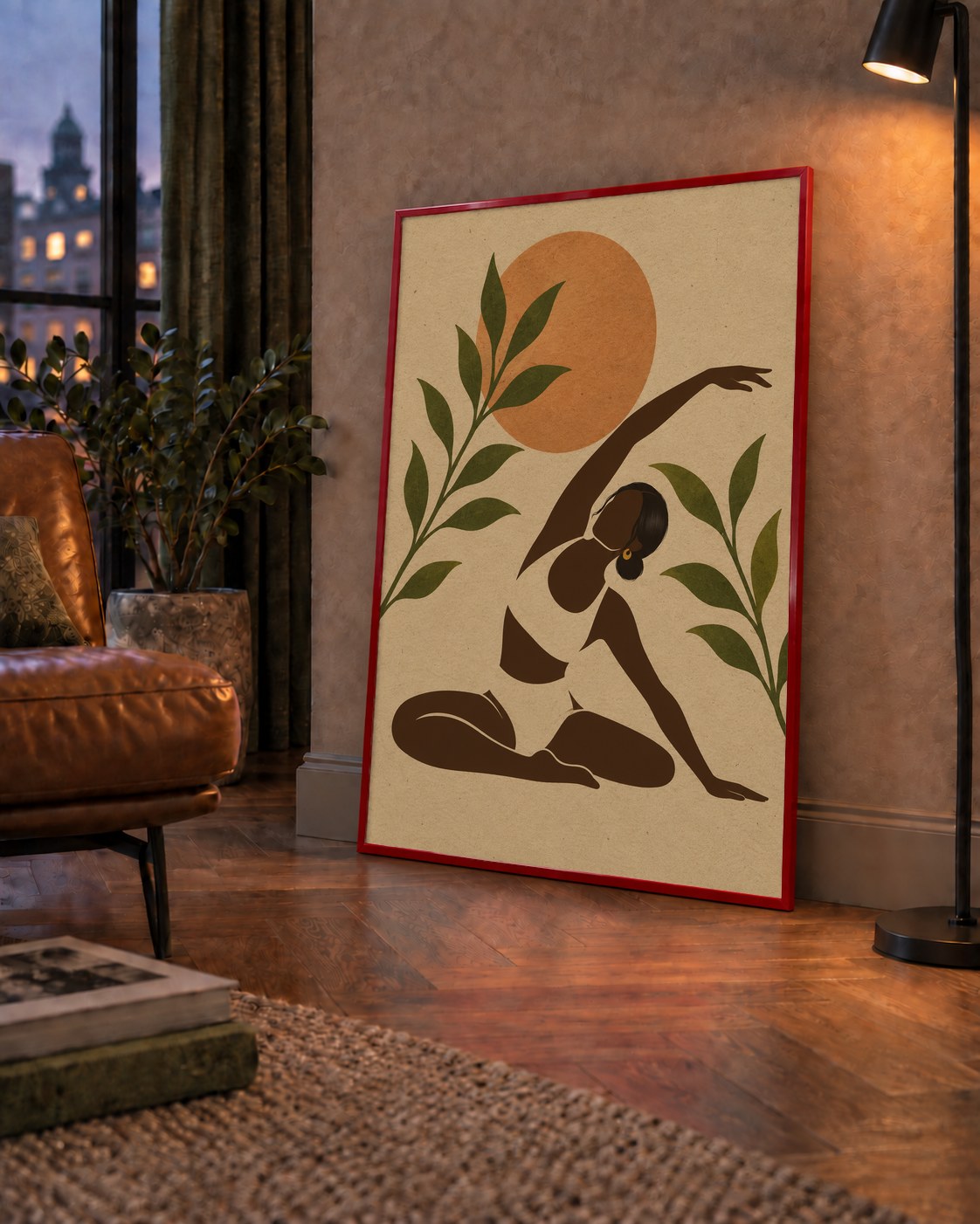 Toprak Akışı Yoga Pozu Poster — çerçeveli hâliyle bir ev duvarında