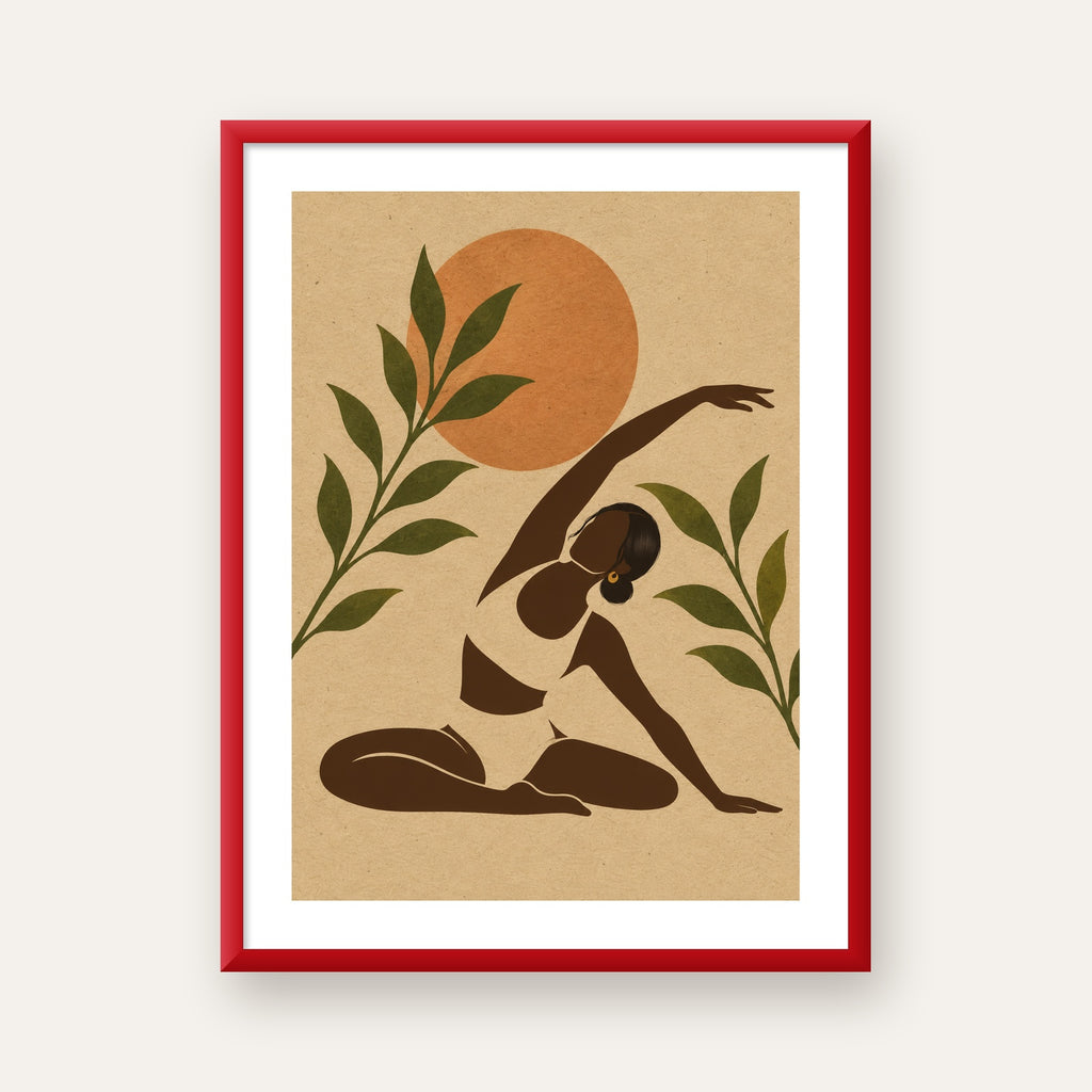Toprak Akışı Yoga Pozu Poster — kırmızı çerçeveli paspartulu