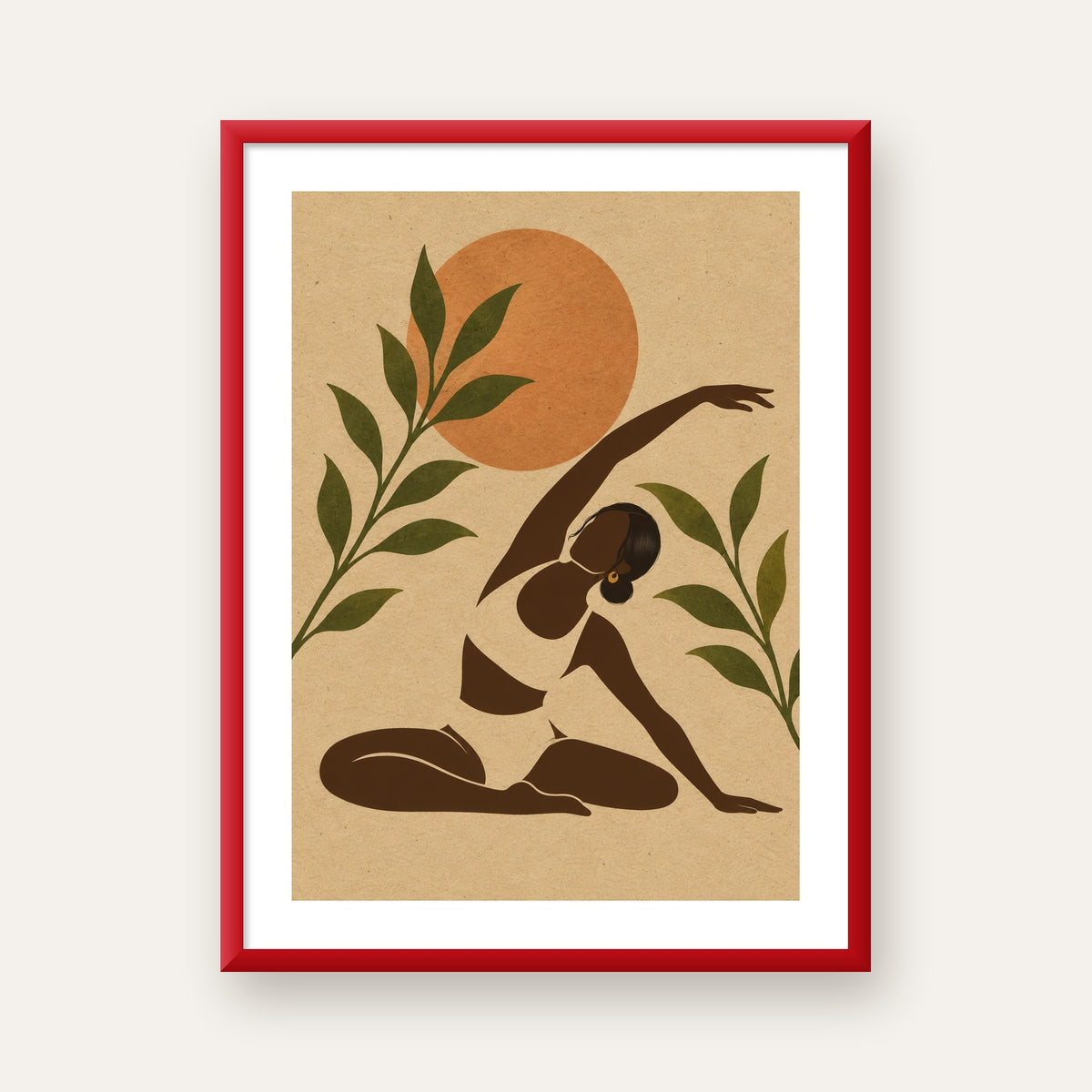 Toprak Akışı Yoga Pozu Poster — kırmızı çerçeveli paspartulu