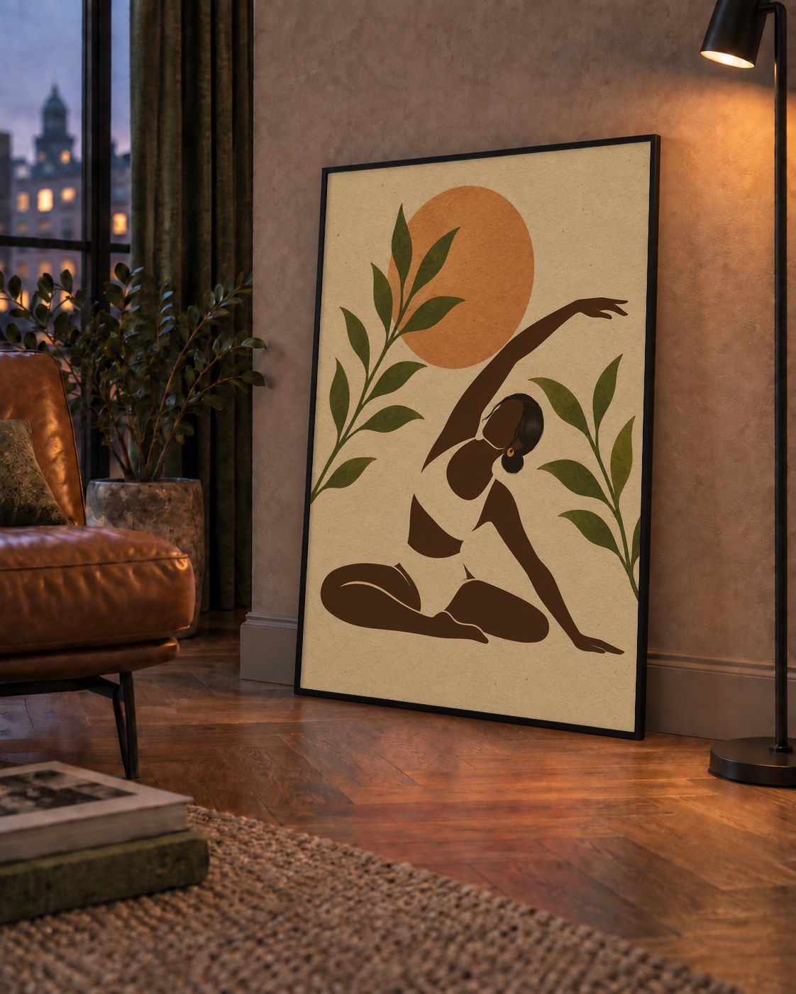 Toprak Akışı Yoga Pozu Poster — çerçeveli hâliyle bir ev duvarında
