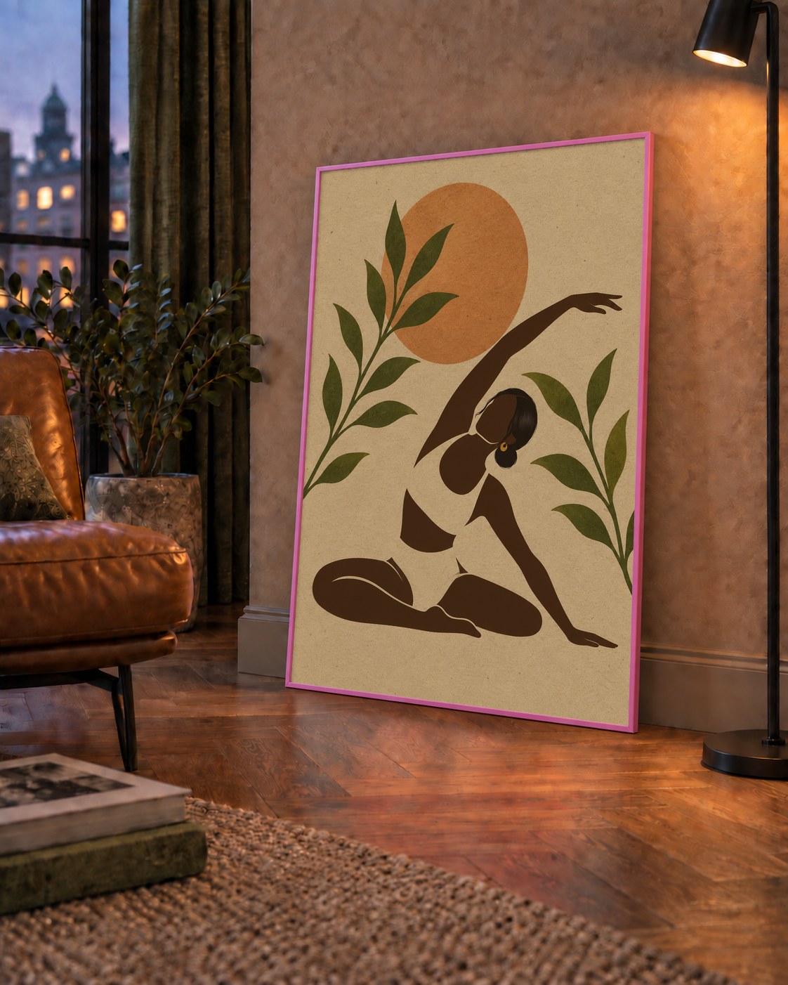 Toprak Akışı Yoga Pozu Poster — çerçeveli hâliyle bir ev duvarında