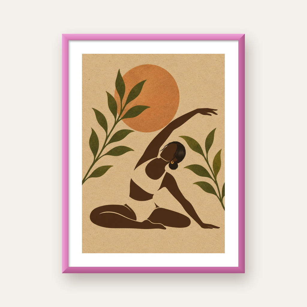 Toprak Akışı Yoga Pozu Poster — pembe çerçeveli paspartulu