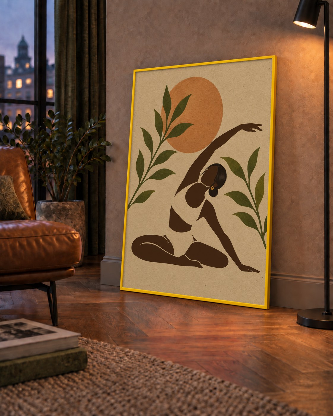 Toprak Akışı Yoga Pozu Poster — çerçeveli hâliyle bir ev duvarında