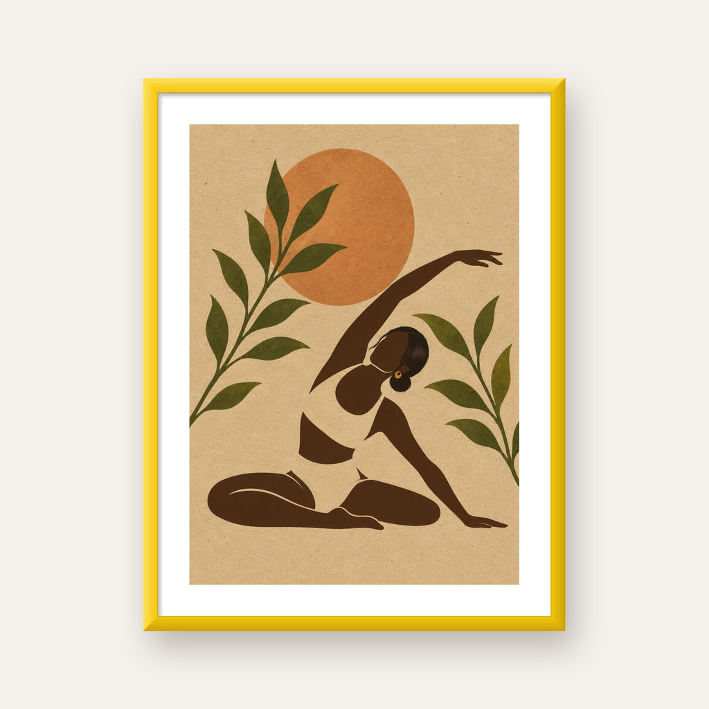 Toprak Akışı Yoga Pozu Poster — sarı çerçeveli paspartulu