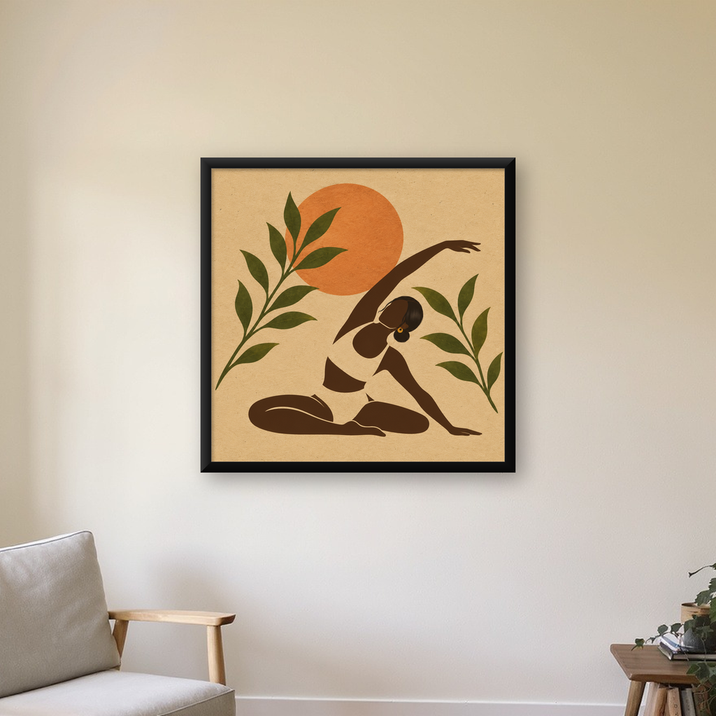 Yoga Yapan Kadın ve Doğa Minimalist Poster, Modern Dekor — Kare baskı, çerçeveli hâliyle bir ev duvarında