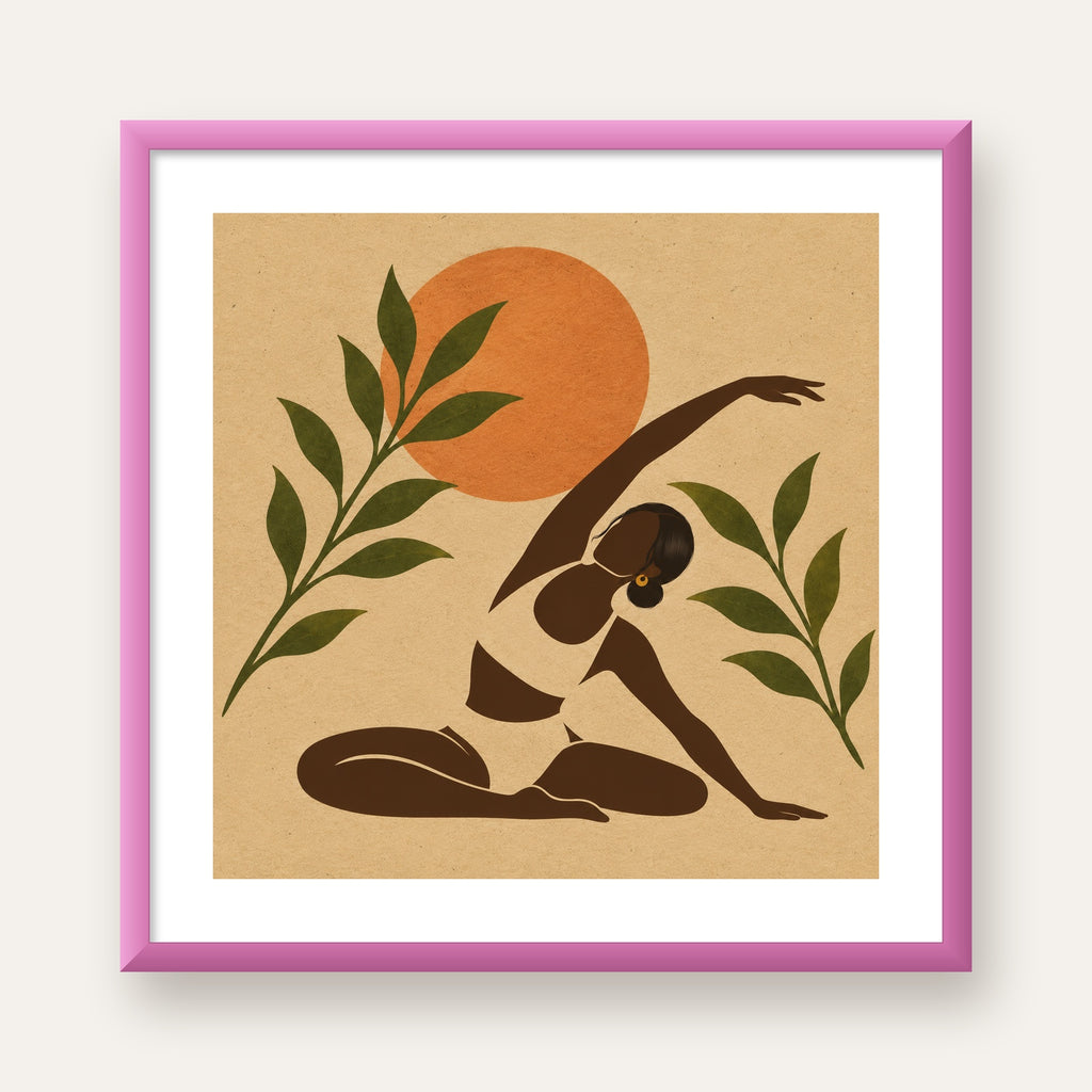 Toprak Akışı Yoga Pozu Poster — pembe çerçeveli paspartulu