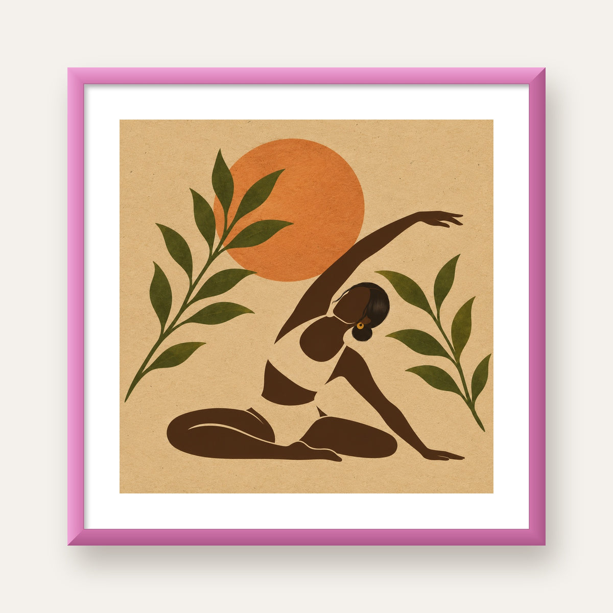 Toprak Akışı Yoga Pozu Poster — pembe çerçeveli paspartulu