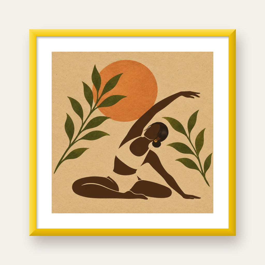 Toprak Akışı Yoga Pozu Poster — sarı çerçeveli paspartulu