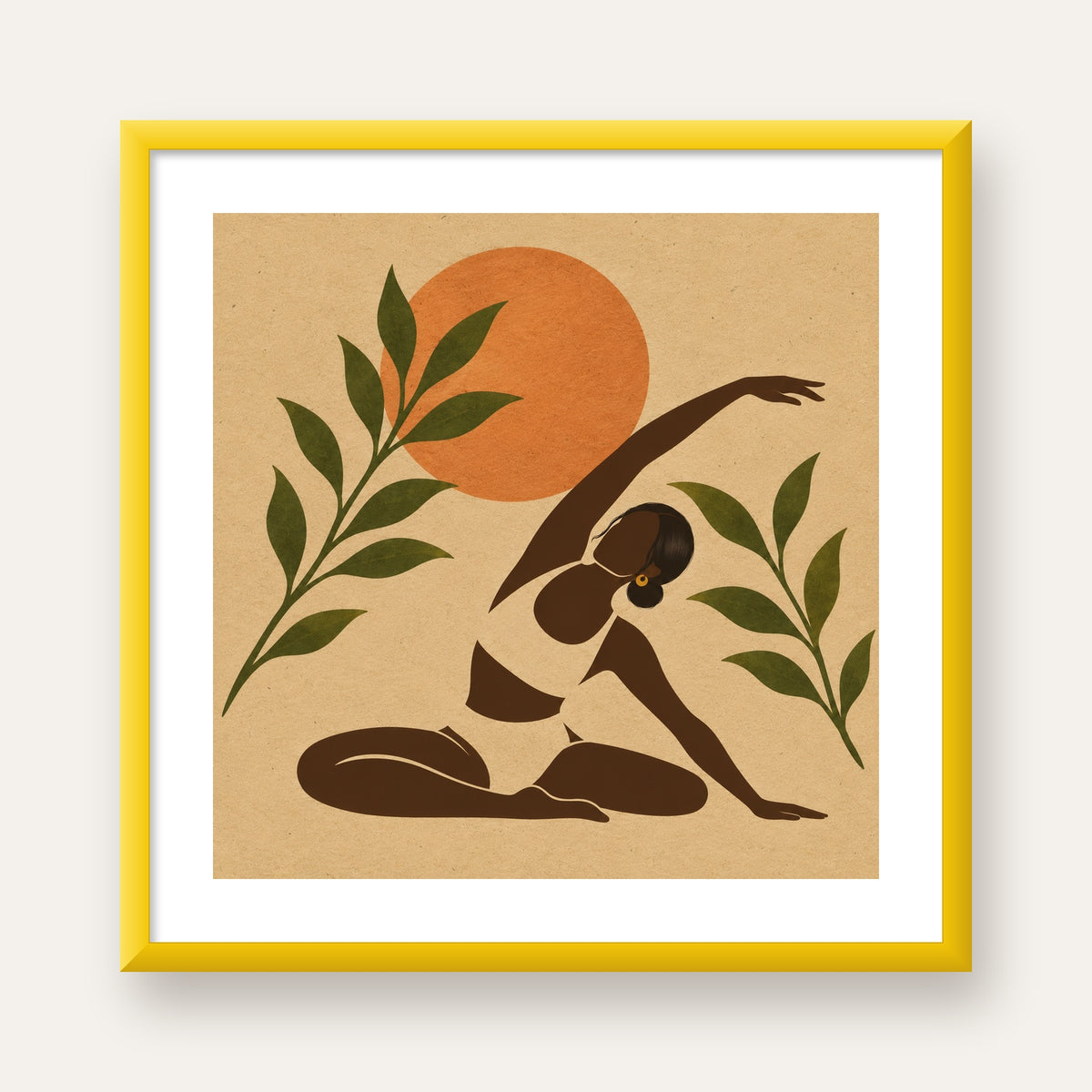 Toprak Akışı Yoga Pozu Poster — sarı çerçeveli paspartulu