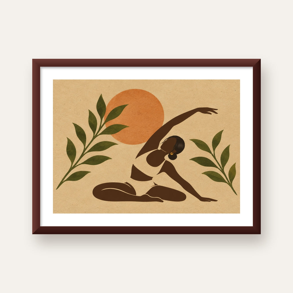 Toprak Akışı Yoga Pozu Poster — ceviz çerçeveli paspartulu