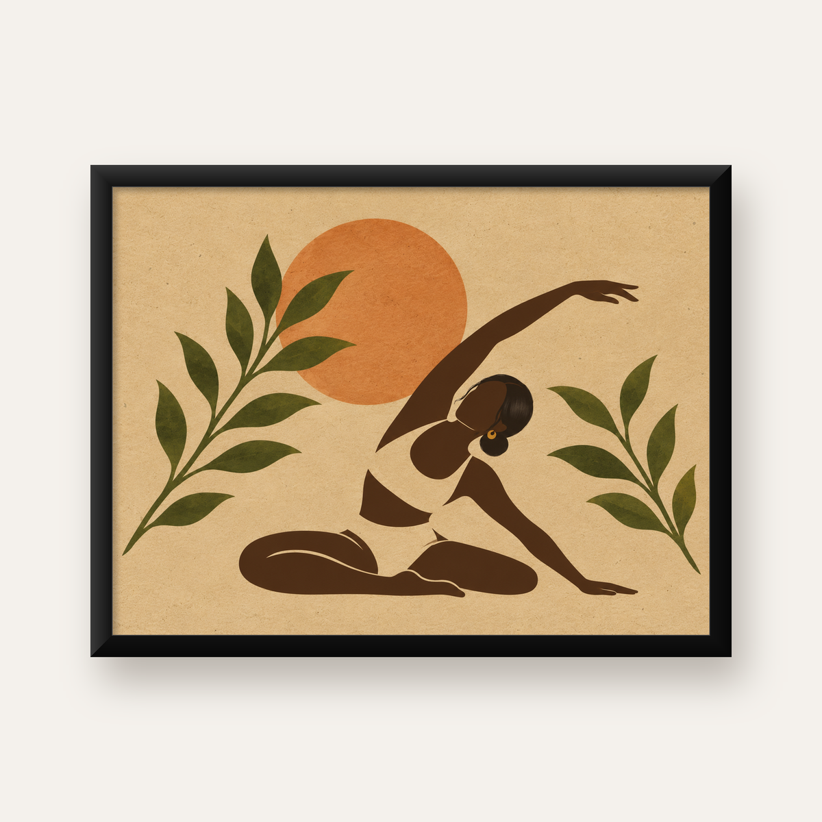 Yoga Yapan Kadın ve Doğa Minimalist Poster, Modern Dekor — Yatay baskı, düz siyah çerçeveli duvar posteri