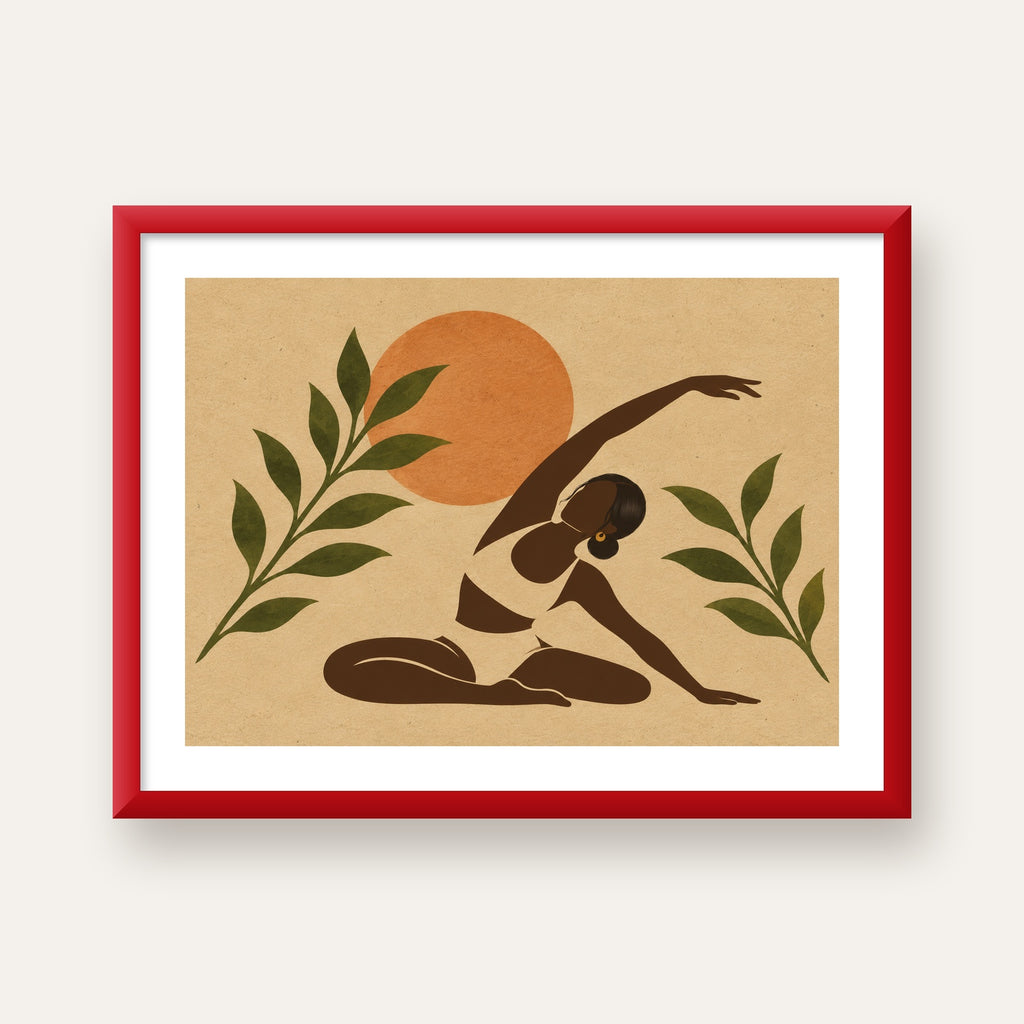 Toprak Akışı Yoga Pozu Poster — kırmızı çerçeveli paspartulu